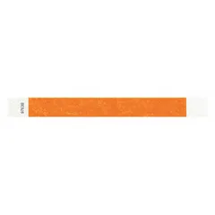 Tyvek security wristband in orange, 10 inches long and 1 inch wide, supplied in packs of 500. Designed for temporary identification and access control at events, hospitals, and industrial facilities. The tamper-evident material provides high visibility and security.