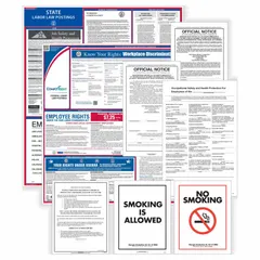 This poster set includes 10 plastic posters in English, each measuring 2 1/2 in x 25 in, covering mandatory state and federal labor law notices for Washington, DC workplaces. Used by employers to meet posting requirements.