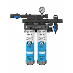 This water filtration system reduces bacteria in water supplies for ice machines and refrigerators. It features a 1 micron filtration rating, a flow rate of 4 gpm, and an overall height of 26 inches.