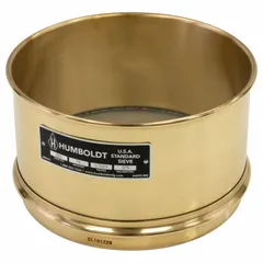 Test sieve with 8 in outside diameter and 4 in height. Stainless steel screen cloth with US Standard #200 mesh size. Brass frame. Complies with AASHTO M92. Used for particle size analysis of aggregates, soils, and other granular materials.