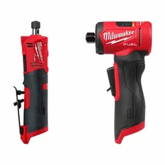 This kit includes two M12™ brushless tools: a die grinder (model 2486-20) and a second tool (model 3485-20), both tool-only and powered by 12 V DC. The die grinder is suited for grinding, cutting, and surface preparation in metalworking and fabrication tasks, particularly in tight spaces.