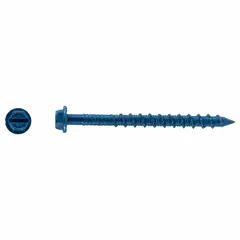 Self-threading concrete screw anchor with external hex drive, made of steel. Removable design for fastening fixtures to concrete, brick, or block. 3/16 in diameter, 2 1/4 in overall length. Supplied in a 100-pack.