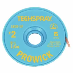 This yellow desoldering braid is coated with rosin flux to facilitate solder absorption during rework and repair of electronic assemblies. The #2 size, 0.055-inch width, and 5-foot length make it suitable for precise solder wicking on PCBs, component removal, and cleaning solder joints.