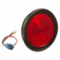 Red round incandescent stop light with 4 5/16 in overall diameter. Features permanent grommet mounting and female pin electrical connection. Complies with FMVSS 108 standards. Suitable for use on vehicles requiring a red stop light