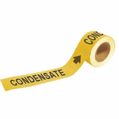 Yellow adhesive pipe markers with black legend text reading 'Condensate' and directional arrows. Each roll contains 25 markers designed for pipe outer diameters of 1-1/2 to 2 inches. Used to identify condensate lines in industrial piping systems.