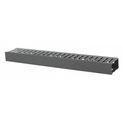 Horizontal duct-style cable manager for routing and organizing cables in a 1U rack space. Single-sided design with a black plastic body and included cover. Suitable for network closets and data centers requiring horizontal cable management.
