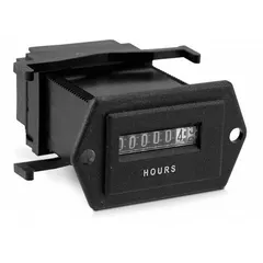 This analog hour meter from TRUMETER is designed for front panel mounting with a rectangular bezel. It measures 1 1/4 in by 2 1/8 in and complies with CE, CUL, UKCA, and UL standards. Typically used to record total operating hours of industrial equipment such as generators, pumps, and compressors, it aids in scheduling maintenance and tracking usage.