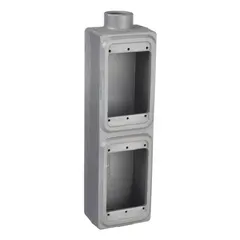 Rectangular iron weatherproof electrical box with 40 cu in capacity, 2-gang configuration, and 3/4 in hub size. Gray finish. Used for junction and pull-box applications in outdoor or wet locations requiring moisture and corrosion resistance.