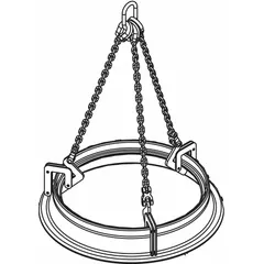 Three-leg lifting device for handling concrete manhole sleeves and rings. Working load limit of 1,500 lb. Used in underground utility installation and repair for safe positioning of precast components.