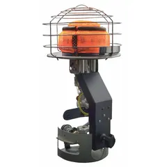 Portable gas tank-top radiant heater with 45,000 BtuH heating capacity. Compatible with 360-degree cylinder mounting. Measures 15-3/4 in H x 11 in W x 11 in D. Suitable for outdoor use in construction sites, workshops, and open-air events.