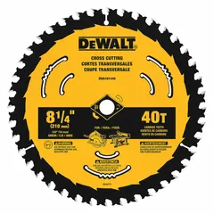 Carbide-tipped circular saw blade with 8-1/4 in diameter, 40 teeth, 0.07 in cut width, and 5/8 in arbor. Designed for ripping and crosscutting lumber, plywood, and composite wood materials in construction and carpentry.