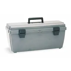 This plastic tool box features a hinged lid and a single compartment for storing and organizing hand tools, parts, and small equipment. Suitable for use in workshops, garages, and job sites, it provides portable storage for professionals and DIY users.