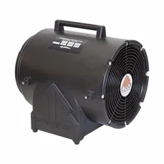 Explosionproof centrifugal blower for confined space ventilation. Operates at 115 V AC with 1 1/2 hp motor and 12 in duct diameter. Includes ducting. Suitable for supplying fresh air or exhausting fumes in tanks, vaults, and manholes.