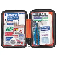 Portable first aid kit in orange fabric housing, serving one person with 106 components. Includes adhesive bandages, butterfly wound closures, burn cream packets, and non-aspirin pain relievers. OSHA compliant for general-purpose use