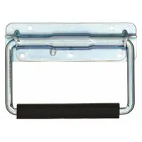 This non-recessed folding pull handle is made of steel with a zinc-plated silver finish. It features unthreaded mounting holes for #8 screws and a 0.75-inch grip thickness. The folding design allows the handle to lie flat when not in use, suitable for cabinets, panels, and machinery access points