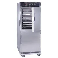 This full-size hot cabinet from CRES COR operates on 208V AC and features universal-angle shelves that accommodate various pan sizes. Designed for holding and cooking food in commercial kitchens, it does not include humidity control. The universal-angle shelf type allows flexible placement of sheet pans and hotel pans