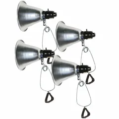 This clamp-on grow light fixture operates at 120V AC and includes an E26 base bulb and an aluminum reflector cone. The adjustable clamp allows for targeted light placement. Suitable for supplemental lighting of seedlings, herbs, and small indoor plants.