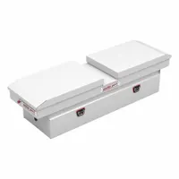 Gull wing lid crossover box for secure, weather-resistant storage of tools and equipment in pickup truck beds. White finish. 72-inch overall width fits full-size trucks. Gull wing lid provides easy access from either side of the vehicle