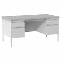This HIRSH rectangular office desk features a 60-inch wide light gray particle board desktop and a gray steel frame. It includes two pedestals with four drawers for storage and a modesty panel. Supplied as a kit for assembly, it is suited for general office workstations in corporate, home, or institutional settings