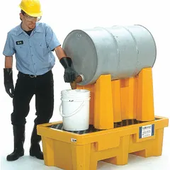 This modular drum dispensing rack is a complete system constructed of polyethylene. It provides 66 gallons of secondary containment for one drum or container during fluid transfer and storage. Typical applications include chemical handling, industrial maintenance, and environmental compliance.