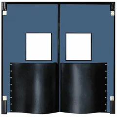 This insulated swinging door features two blue polyethylene doors, each 6 ft wide by 7 ft high, with an included polycarbonate window. It meets NSF standards and comes with door seals, bumpers, and mounting hardware. Suitable for cold storage, food processing, and industrial facilities where temperature control and visibility are required.