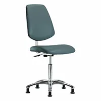 This armless vinyl cleanroom chair is designed for ISO 4 controlled environments. It features an aluminum base, a seat width of 18 1/2 inches, a seat depth of 17 inches, and an adjustable height range of 21 1/2 to 29 inches. The chair is not ESD safe and does not include foot support