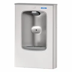 Non-refrigerated on-wall bottle filler with satin-finished stainless steel housing. Overall height 51 inches. Designed for dispensing water in commercial or public spaces such as offices, schools, or gyms.