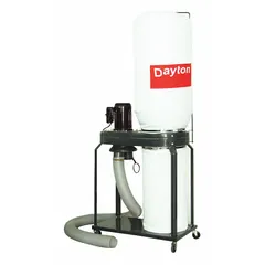 This mobile single-stage wood dust collector operates on 115/230V AC and delivers 1,100 cfm of airflow. It uses a bag-type collection system and has a sound level of 86 dBA. Suitable for capturing wood chips, sawdust, and airborne particles from woodworking machinery such as table saws, jointers, and planers in small to medium workshops.
