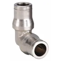 Nickel-plated brass push-to-connect elbow fitting with 1/4 in OD x 1/4 in OD size. Designed for quick, tool-free connection of tubing in pneumatic systems, enabling 90-degree directional changes. Suitable for use in automation, packaging, and material handling applications
