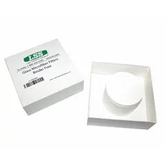 This F grade glass fiber filter has a 5.5 cm diameter, 0.4 mm thickness, and 0.7 µm pore size. It is used for laboratory filtration requiring fine particle retention, such as gravimetric analysis, air monitoring, and sample preparation.
