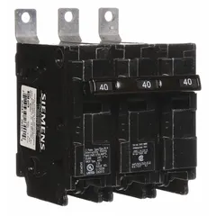Three-pole miniature circuit breaker rated 40 A at 240V AC, suitable for bolt-on mounting in Siemens P1 panelboards. Provides overcurrent protection in electrical distribution systems. Maximum AIR rating of 22 kA at 120/240V AC.