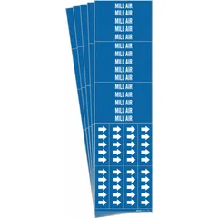 Blue adhesive pipe markers with white 'Mill Air' legend and flow-direction arrows. Each pack contains 5 markers (3 markers per pack) for identifying compressed air lines on pipes up to 3/4 in O.D. Suitable for industrial piping systems requiring clear pipe content and flow direction indication.