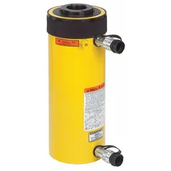 ENERPAC RRH3010 general purpose hollow ram with 30 ton nominal capacity, 10 in nominal stroke length, and 1.31 in plunger diameter. The hollow plunger design allows rods or cables to pass through the center, enabling pulling, pushing, lifting, pressing, and tensioning operations in industrial maintenance, construction, and heavy equipment repair.