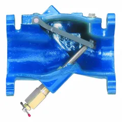 This 10-inch inline swing check valve features a ductile iron body and a standard inline valve body design. It is used in piping systems to prevent backflow while allowing forward flow, suitable for horizontal or vertical installation.