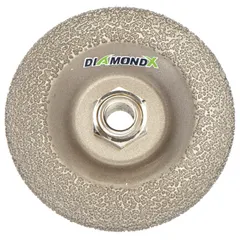This DIAMOND VANTAGE grinding wheel is a Type 29 shape with a 5" diameter, 1/4" thickness, and 5/8"-11 arbor. It features 24-grit diamond abrasive from the DiamondX series. Suitable for grinding, blending, and finishing on flat and contoured surfaces of various materials.