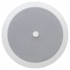 Indoor ceiling-mount speaker with 2-way powered design and transformer for paging and background music. Features 8 ohm impedance and 9-inch overall width. Suitable for commercial spaces such as offices, retail stores, and schools.