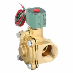 This REDHAT solenoid valve is a 2-way, 2-position normally closed type with a 1-1/4 in pipe size and 24V AC voltage. It features a watertight coil enclosure and is designed for high-flow applications. Typical uses include on/off control of liquids or gases in industrial systems such as water treatment, irrigation, and process automation.