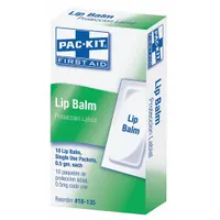Unitized lip balm in a 0.018 oz packet, supplied as a 10-pack. Formulated with Mineral Oil for skin protection. Suitable for inclusion in first aid kits and workplace safety stations to address dry or chapped lips