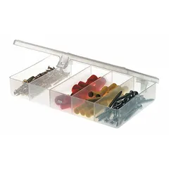 This clear plastic compartmented box features five fixed compartments, each measuring 3-3/4 in x 1 in. It is used for organizing and storing small parts such as screws, nuts, beads, or electronic components in workshops, labs, and assembly lines. The box is not electrostatic discharge conductive.