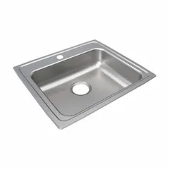 This one-bowl sink is designed for drop-in installation in kitchen and bar countertops. It features a 19-1/2 inch overall width and a 6-1/2 inch bowl depth, finished in Silver/Gray. Suitable for residential or light commercial use for washing dishes and food preparation.