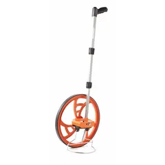 Mechanical measuring wheel with a 23 in spoked single wheel featuring rubber tread. Fixed handle with pistol grip. ABS plastic frame. Measures distances up to 9,999 ft in SAE units. Battery-free operation. Suitable for outdoor distance measurement tasks such as landscaping and construction layout.
