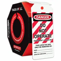 This polyolefin tag is printed with 'Danger: Do Not Operate' in English and includes fields for notes, date, and signature. It is supplied on a roll for convenient dispensing. Typical use includes lockout/tagout procedures to prevent accidental equipment operation during maintenance