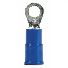 Vinyl-insulated ring terminal for #6 stud size, accepting 16 AWG to 14 AWG wire. Rated 600 V. Used for secure crimp connections in electrical systems such as control panels and power distribution.