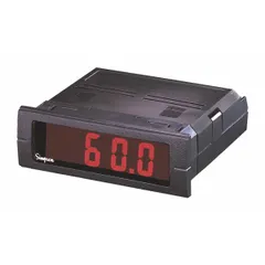 This SIMPSON ELECTRIC Mini-Max series digital panel meter measures DC voltage with True RMS accuracy of +/-0.5% of Reading +/-2 Count. It features a red LED display with a span of -1,999 to 9,999 and screw clamp terminal connections. Includes mounting brackets for installation in control panels, test equipment, and process monitoring systems.