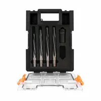 This 5-piece set of bridge reamers features VersaDrive MAX hex shanks for secure grip in power tools. Diameters range from 11/16 in to 1 1/16 in. Used for enlarging and finishing holes in metal, wood, and plastic, typical in structural fabrication and maintenance applications