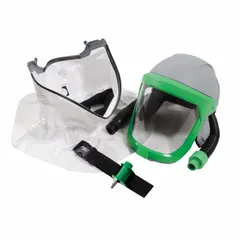This Z-Link series powered air-purifying respirator (PAPR) assembly includes a breathing tube. The system comprises an RPB Z-Link respirator, 16-810 safety lens, 16-723 Z-Link Tychem SL shoulder cape, 04-830 breathing tube, and a NIOSH-approved 03-101 constant flow valve. It is used in industrial environments requiring respiratory protection against airborne particulates, vapors, and gases.