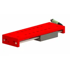 Electric linear slide module with 100 mm stroke length, operating on <75V DC. Delivers 10.7 N thrust force at 100 psi and supports a maximum payload of 0.199 kg. Features a 30 mm x 30 mm attachment grid with M4 threaded holes. Suitable for automated assembly, pick-and-place, and light-duty positioning tasks.