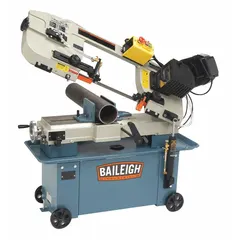 This mitering manual horizontal band saw cuts metal stock such as bars, tubes, and profiles. It features a 7 in x 10-3/16 in capacity, blade speeds from 125 to 270 SFPM, and a mitering range of 0° to 45°. The 1-phase motor operates on 110/220V AC, suitable for fabrication and light industrial applications requiring precise angled cuts.