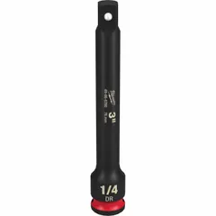Standard impact socket extension with 1/4" input and output drive sizes, 3" overall length. Designed for use with impact wrenches or drivers to extend reach in confined spaces. Suitable for automotive, construction, and maintenance tasks requiring impact-rated tooling.