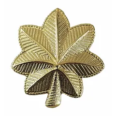 Gold metal rank insignia in the shape of a Major's leaf, measuring 3/4 inch. Attaches via clutch pin. Supplied as a pair. Used on military or ceremonial uniforms to denote the rank of Major.